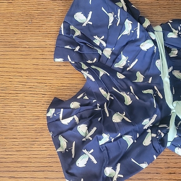 Size 12 Navy Anthropologie Bird Strapless Dress with Original Green Belt - Picture 4 of 5